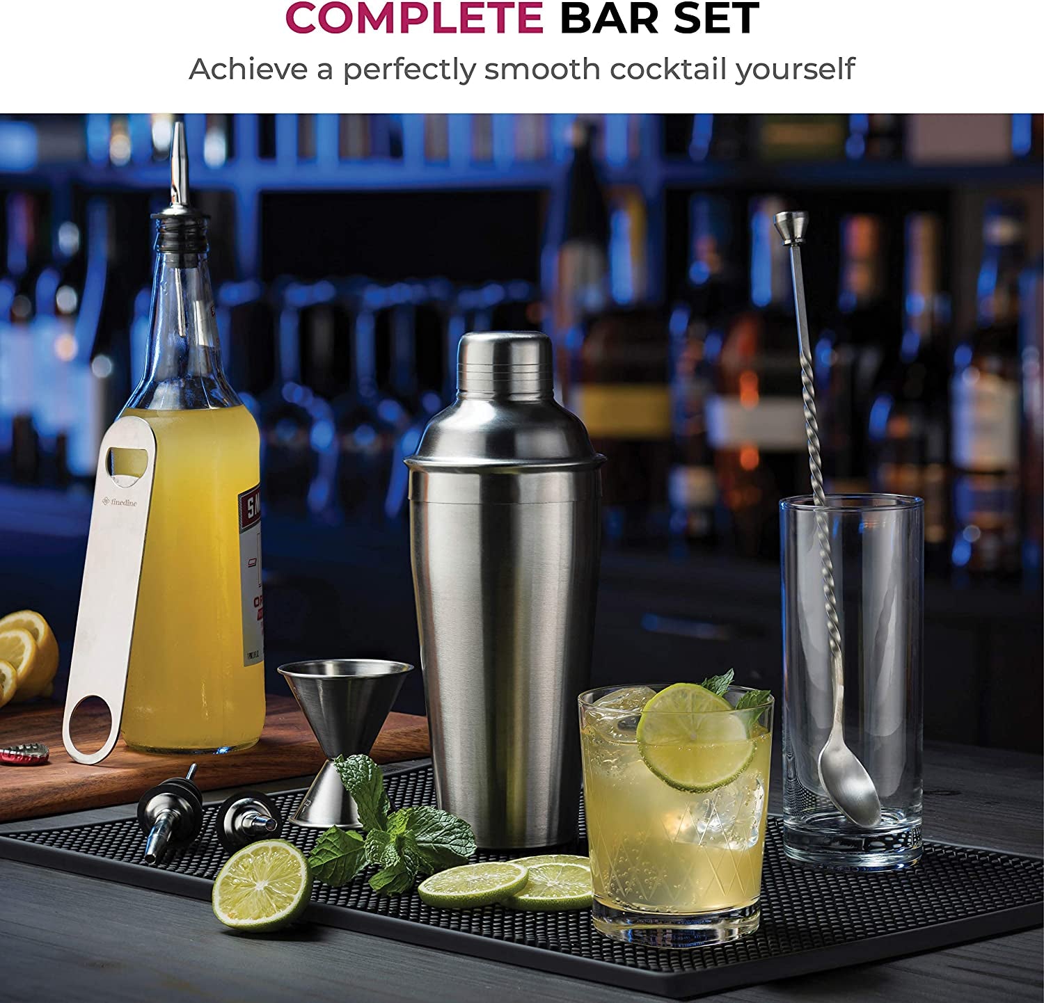 Complete 7-Piece Stainless Steel Cocktail Shaker Set: Bartender Kit with All Bar Accessories, Including Cocktail Strainer, Double Jigger, Bar Spoon, Bottle Opener, and Pour Spouts