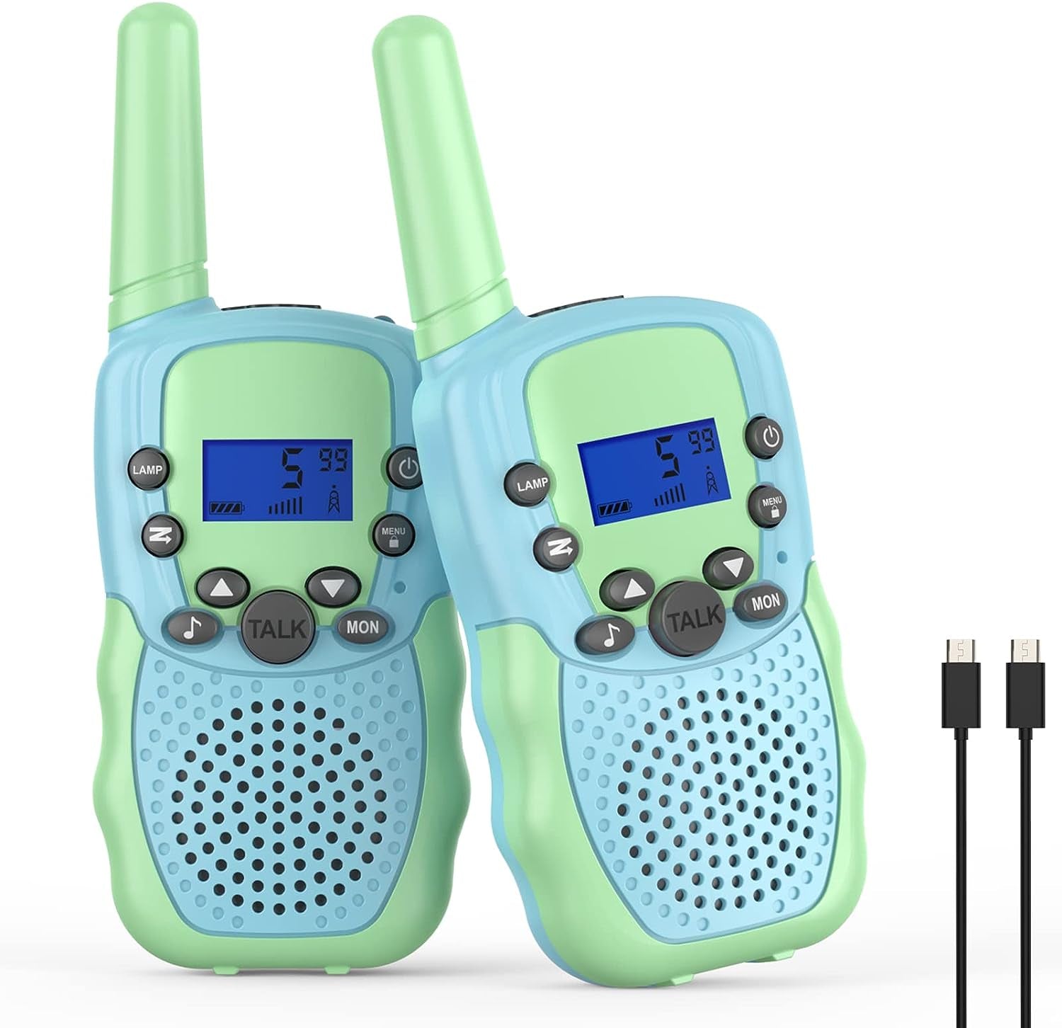 2-Pack of Rechargeable Walkie Talkies for Kids - These Kid Walkie Talkies offer a 3 KM Range, 22 Channels, and come with a Flashlight. They make excellent Birthday Gifts for Boys and Girls aged 3-8 years old.