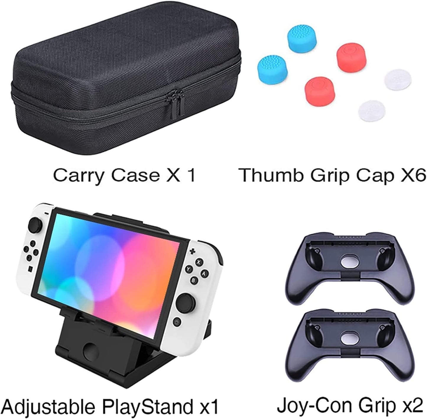 Comprehensive Nintendo Switch Accessory Bundle: Case, Pouch, Cover, Joycon Grips, PlayStand, Screen Protector, Thumb Grips, and Caps