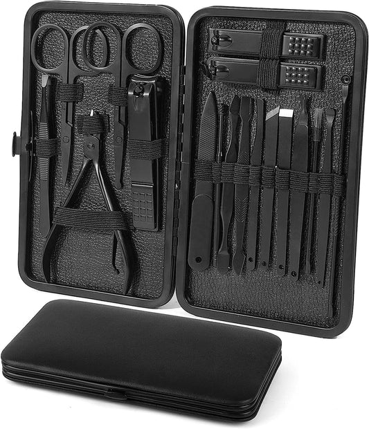 18-in-1 Professional Manicure Set: Stainless Steel Personal Care Nail Kit for Manicure and Pedicure. Includes Nail Clippers and other essential tools. Comes with a Travel Case in Black.