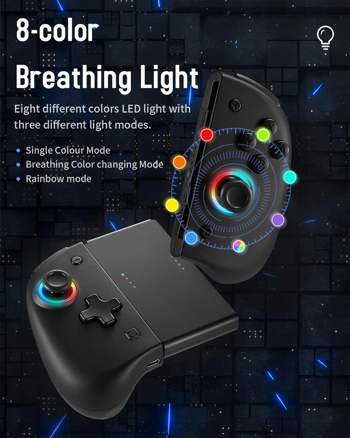 Wireless Replacement Controller for Nintendo Switch - 8 Colors, Adjustable LED, Back Map Button, Turbo, Dual Shock, Motion Control, L/R Remote Gamepad Joystick Controller