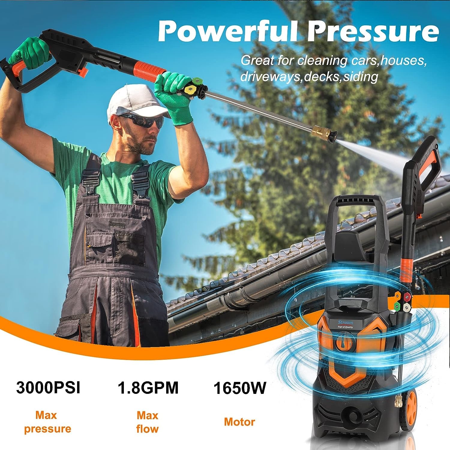 Electric Pressure Washer 3000PSI 1.8GPM - Powerful Cleaning for Cars, Driveways, Gardens, Patios, and Fences - Includes Spray Gun, 4 Nozzle Adapters, and Soap Nozzle