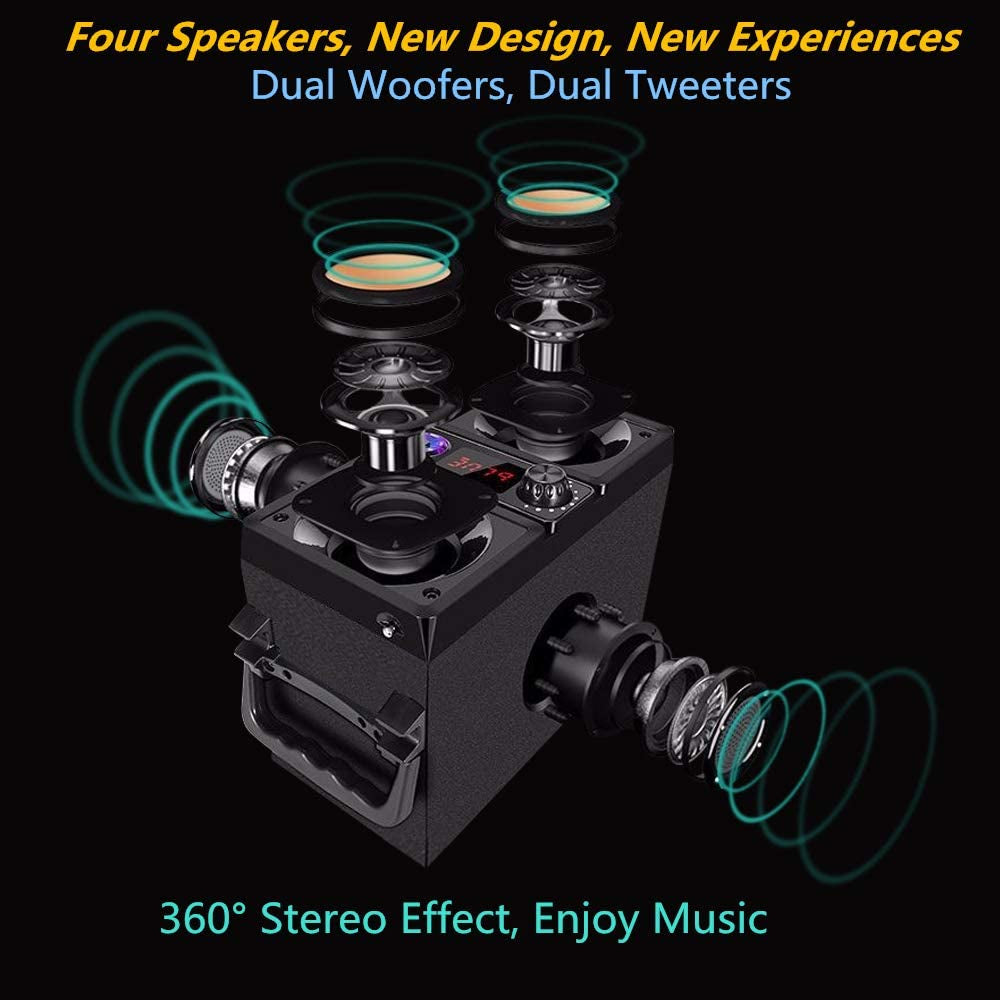  Portable Boombox with 40W (60W Peak) Stereo Dual Woofers and Dual Tweeters. Wireless Home Party Speaker with 2400 Minutes Playtime, Suitable for Party, Camping, and Gym.