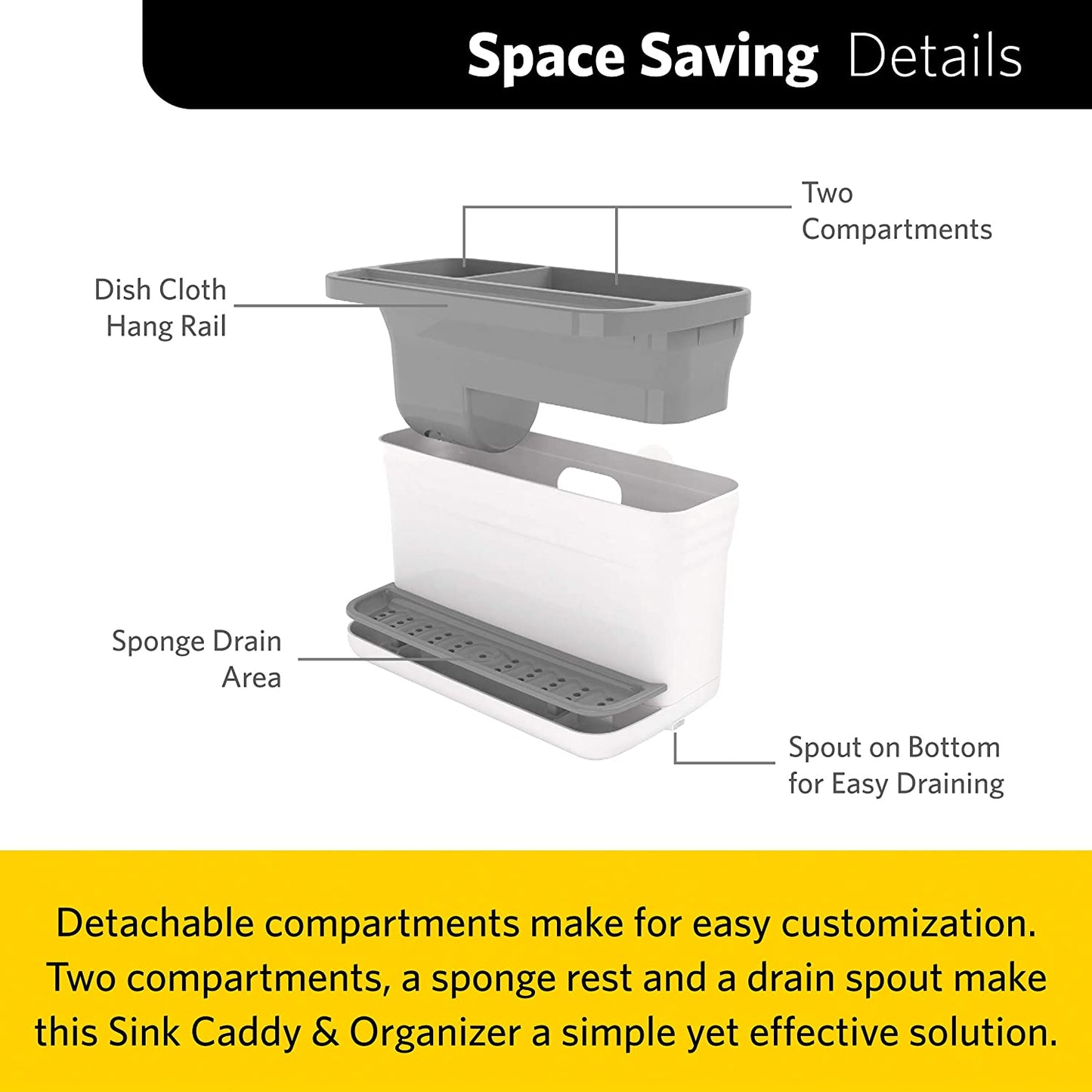 Kitchen Sink Organizer Caddy with 2 Compartments - Designed for Sponge, Soap, Scrubber Brush, and Dish Cloth; Drain Holes and Pour Spout Keep Countertop Dry.