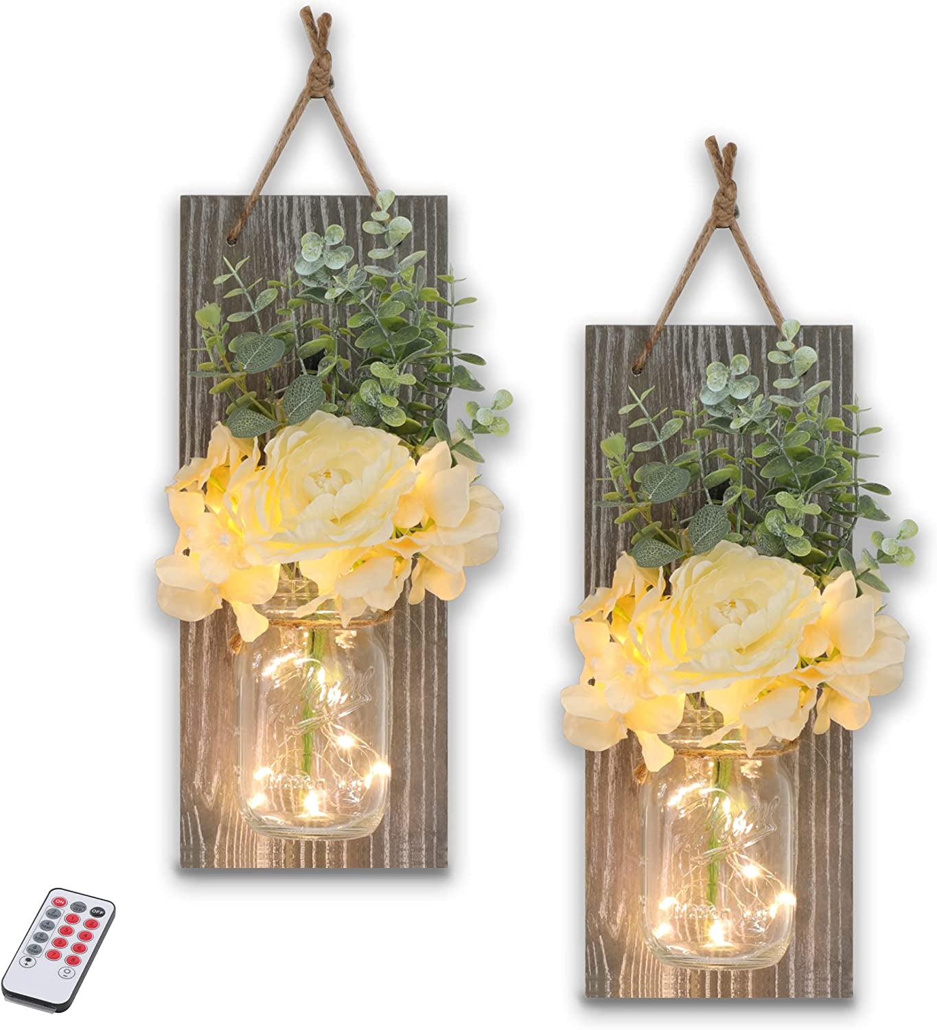 Mason Jar Sconces Home Wall Decor With Remote Control - Sconces Wall Lighting for Home Living Room Kitchen Bedroom Bathroom Decoration with 6-Hour Timer LED Lights Flowers,Set of 2 Grey