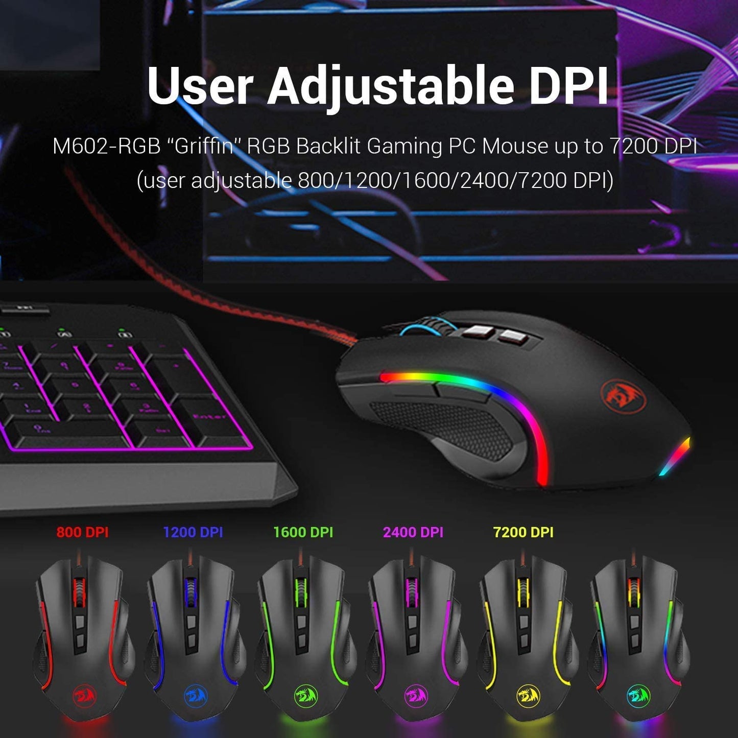 Wired Gaming Mouse: Ergonomic Design with RGB Spectrum Backlit and 7 Backlight Modes, Programmable Buttons, and Adjustable DPI up to 7200 - Perfect for Windows PC Gamers in Black.