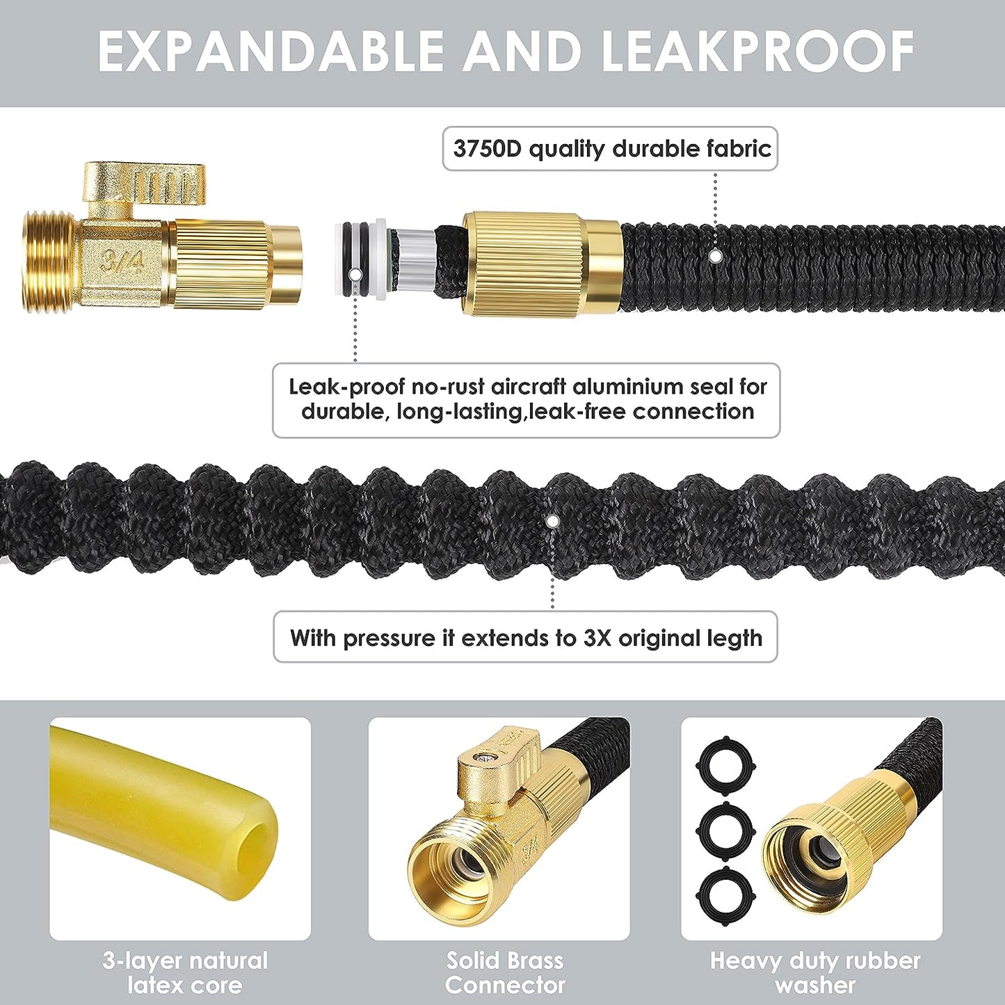 25 ft Expandable Garden Hose: Comes with a 10 Function Nozzle, Triple Core Latex, and 3/4" Solid Brass Fittings. Lightweight, Kink-Free, Retractable, and Collapsible for Flexible Gardening. Available in Black.