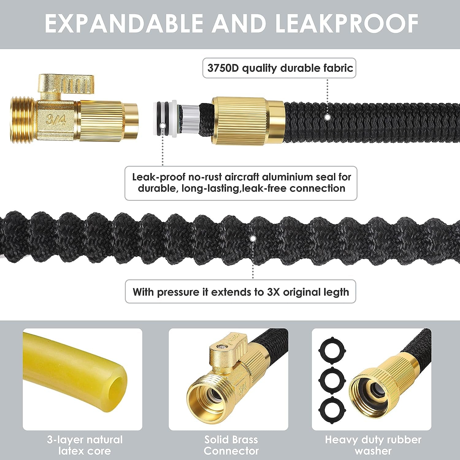 25 ft Expandable Garden Hose: Comes with a 10 Function Nozzle, Triple Core Latex, and 3/4" Solid Brass Fittings. Lightweight, Kink-Free, Retractable, and Collapsible for Flexible Gardening. Available in Black.