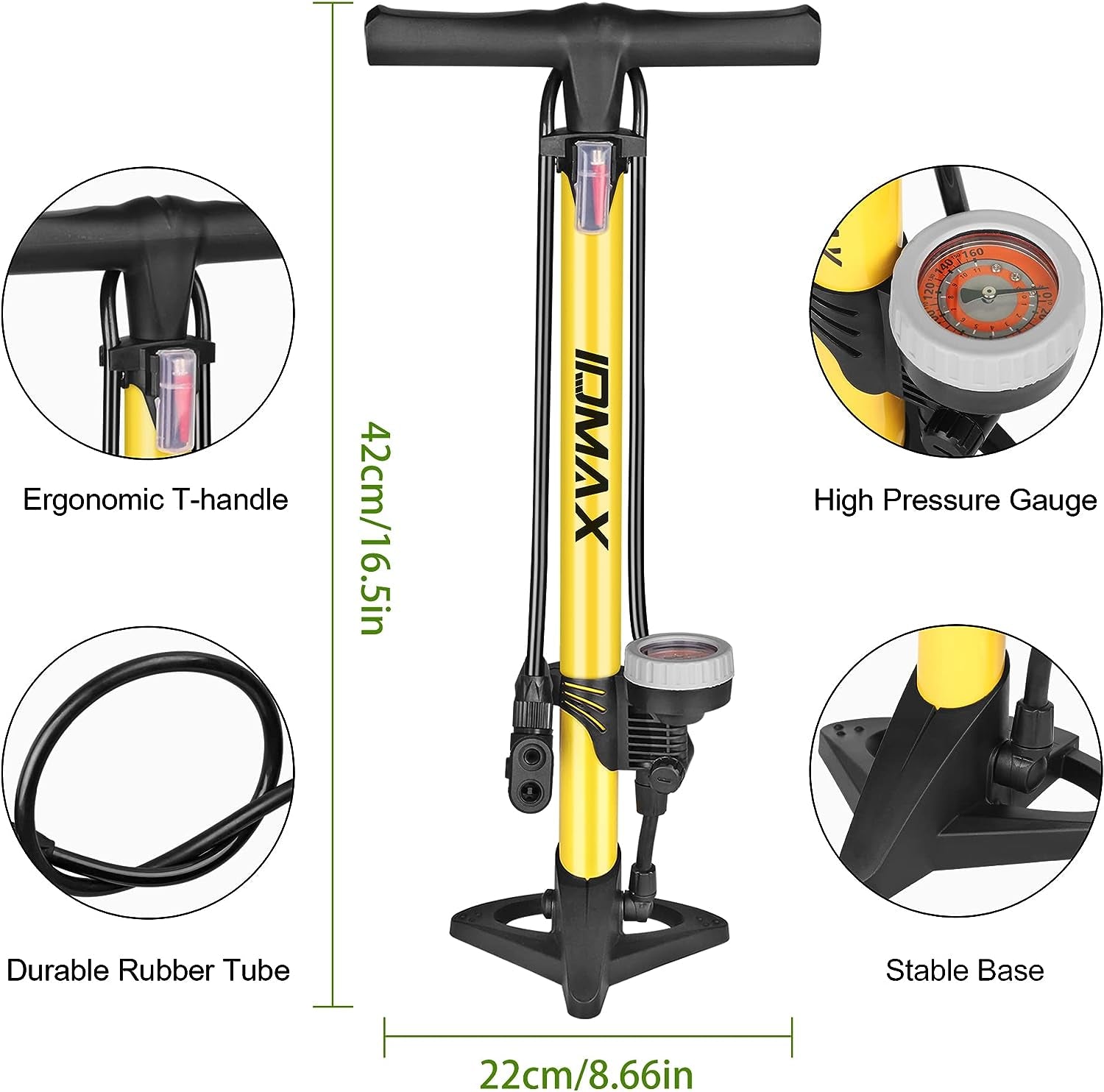 Ergonomic Bike Floor Pump - Portable Bicycle Tire Inflator with Gauge & Smart Valve Head - Compatible with Universal Presta and Schrader Valve - Yellow & Black Design.