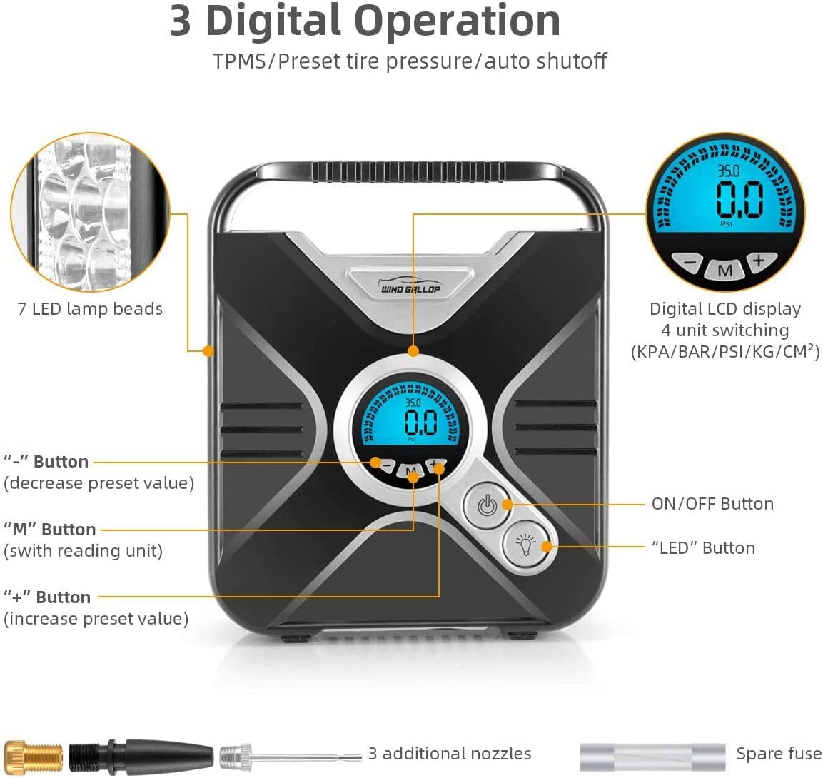 Portable Digital Car Tire Inflator - 12v Air Compressor with Pressure Gauge, LED Light, and Multiple Valve Adaptors - Suitable for Cars, Bikes, and Other Inflatables (Silver)