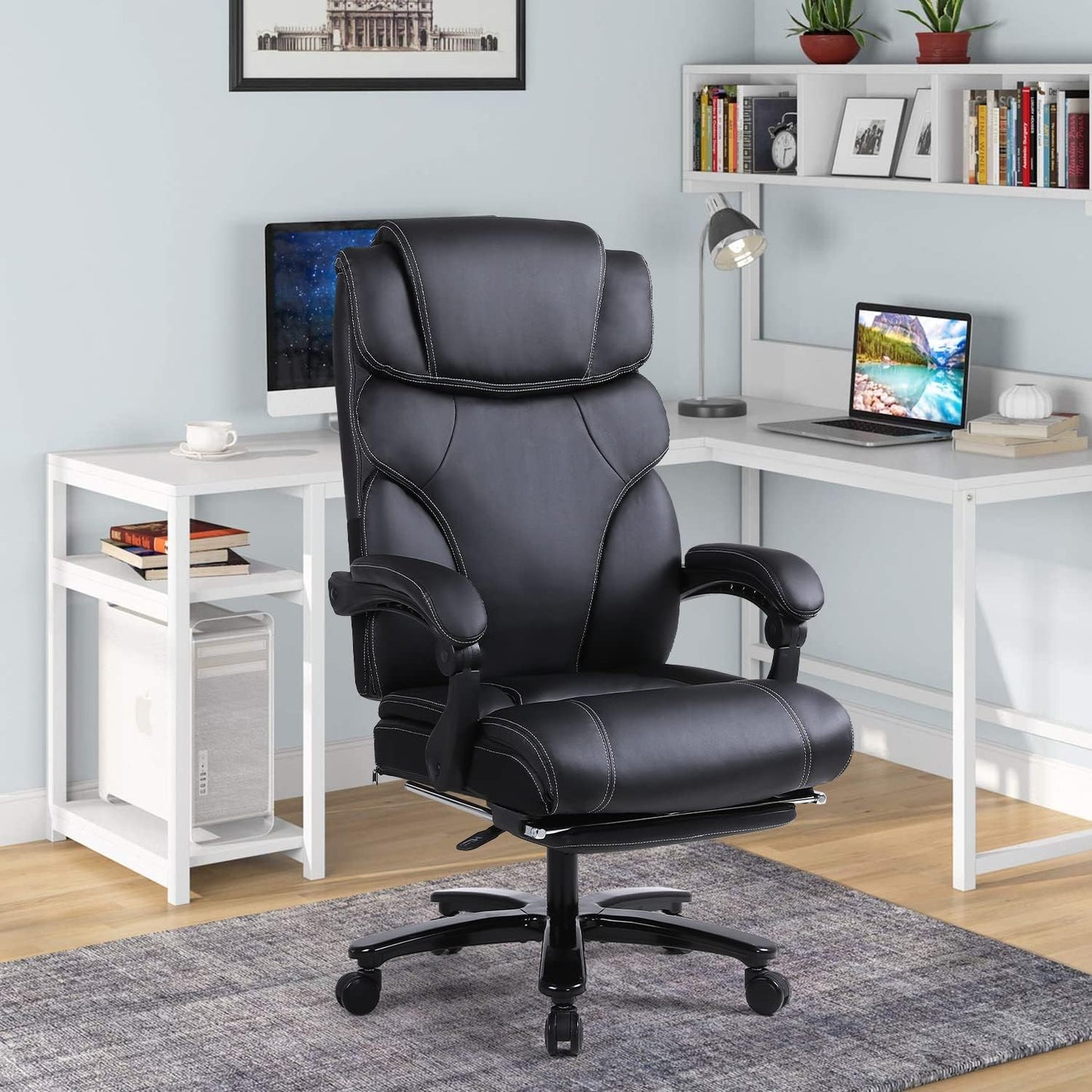 Tall Executive Office Chair - Ergonomic Leather Reclining Computer Desk Chair with Footrest, Adjustable Tilt Angle, High Back, Heavy Duty Metal Base, and Thick Padding. Identified as Model 9298-1 in Black.