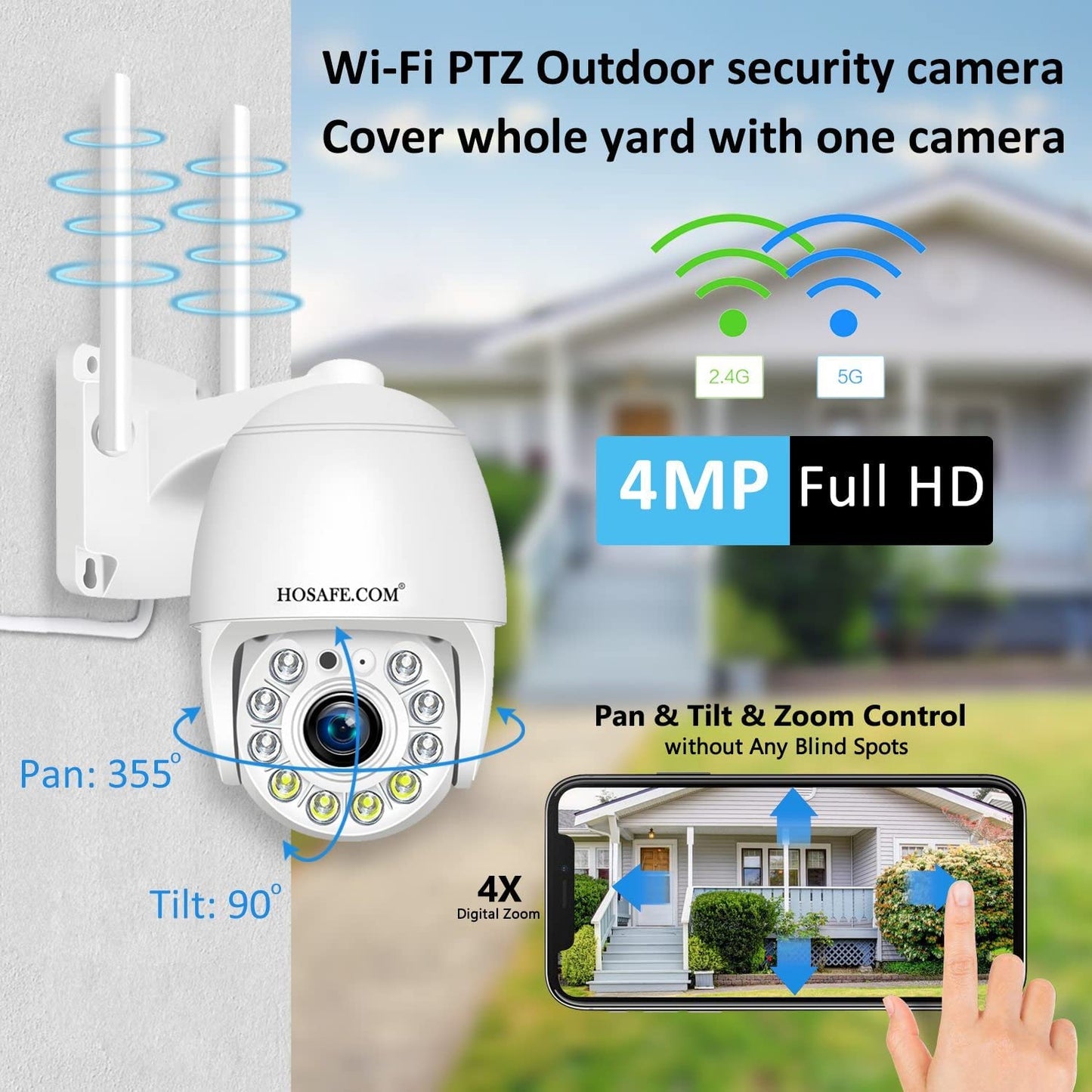 Wireless Outdoor Surveillance Camera with 360° Coverage, Color Night Vision, 2-Way Audio, Motion Detection Tracking, and Waterproof Design - Compatible with Phone and PC App