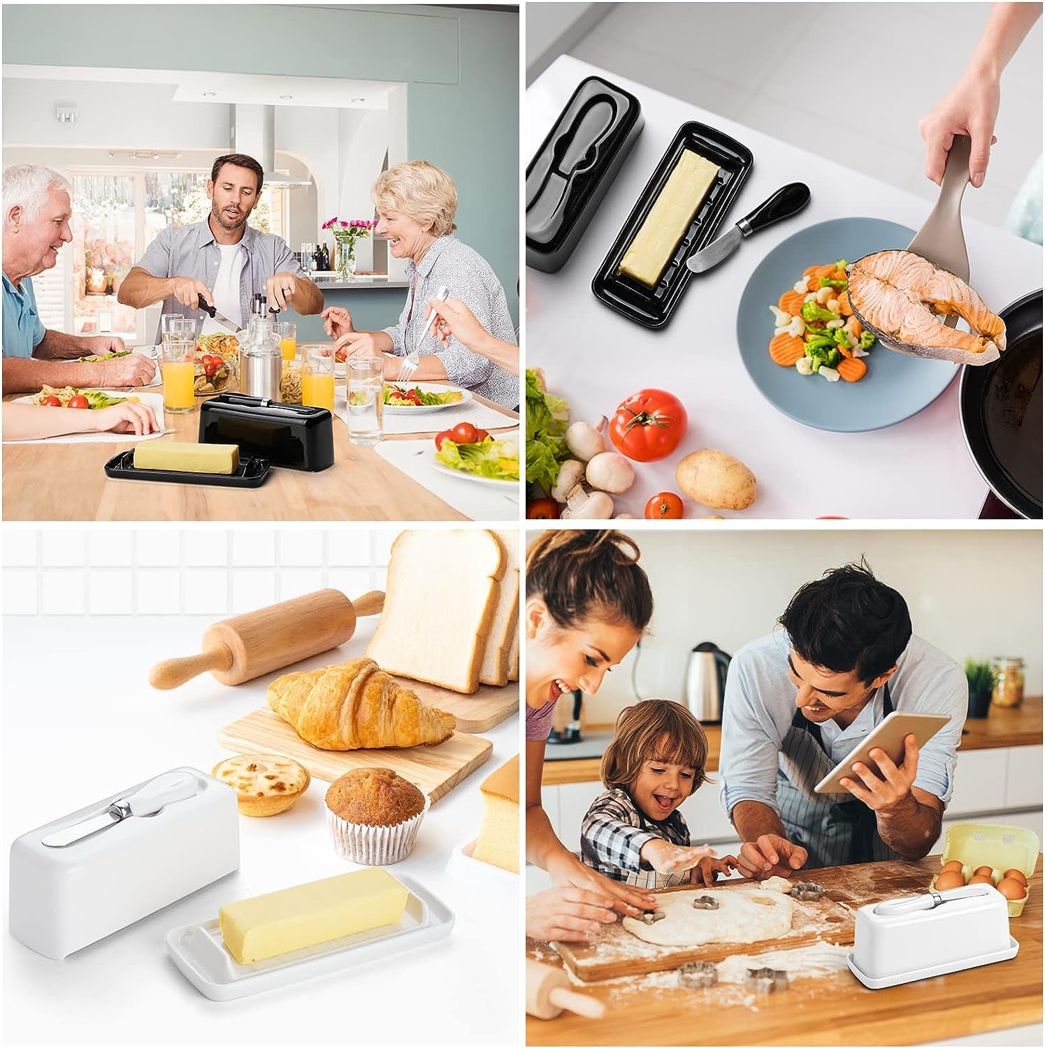 Black Porcelain Butter Dish with Lid and Knife - Includes Serving Tray with Anti-Slip Strip. This Butter Keeper is Ideal for Kitchen Decor and Fits East/West Coast Butter. It's Dishwasher Safe for Easy Cleaning.