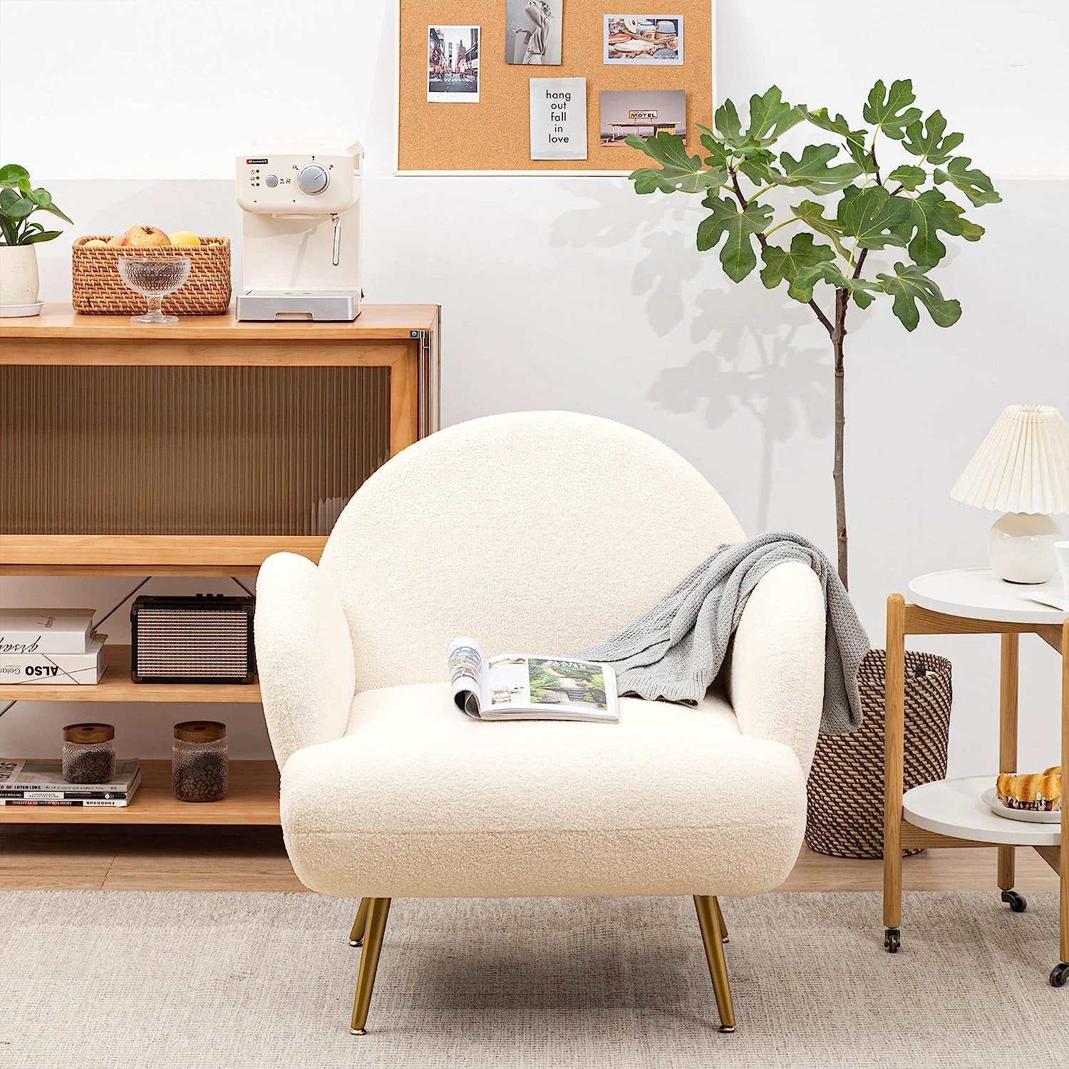 White Accent Sherpa Chair - Comfy Modern Armchair with Golden Metal Legs Mid-Century Sofa Chair