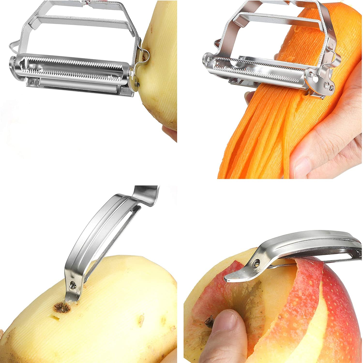 Kitchen Gadget Set of 4: Stainless Steel Vegetable Peelers with Ultra Sharp Blades, Ergonomic Handles, and Cleaning Brush for Added Convenience.
