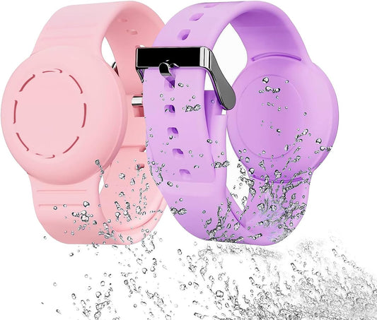 Kids' Waterproof Airtag Bracelet - Hidden Airtag Wristbands designed for Children, Set of 2 Silicon Anti-Lost Apple Airtag Holder Cases, Conveniently Worn as Watch Bands for GPS Tracking; Available in Pink and Purple Colors