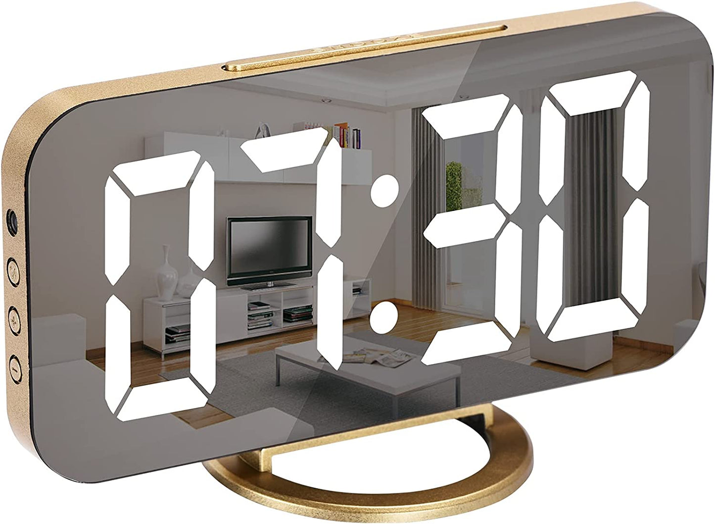 LED Digital Alarm Clock with Large Mirror Display, Dual USB Charger Ports, 3 Levels Brightness, 12/24H Format, Modern Electronic Clock for Bedroom, Home, Living Room, Office - Gold