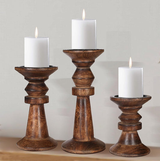 Set of 3 Wooden Candle Pillar Holders - These Farmhouse-style Candle Holders come in sizes of 10, 8, and 6 inches. They make for a beautiful Table Centerpiece and Home Decor, especially suitable for Fall. Color: Burnt.
