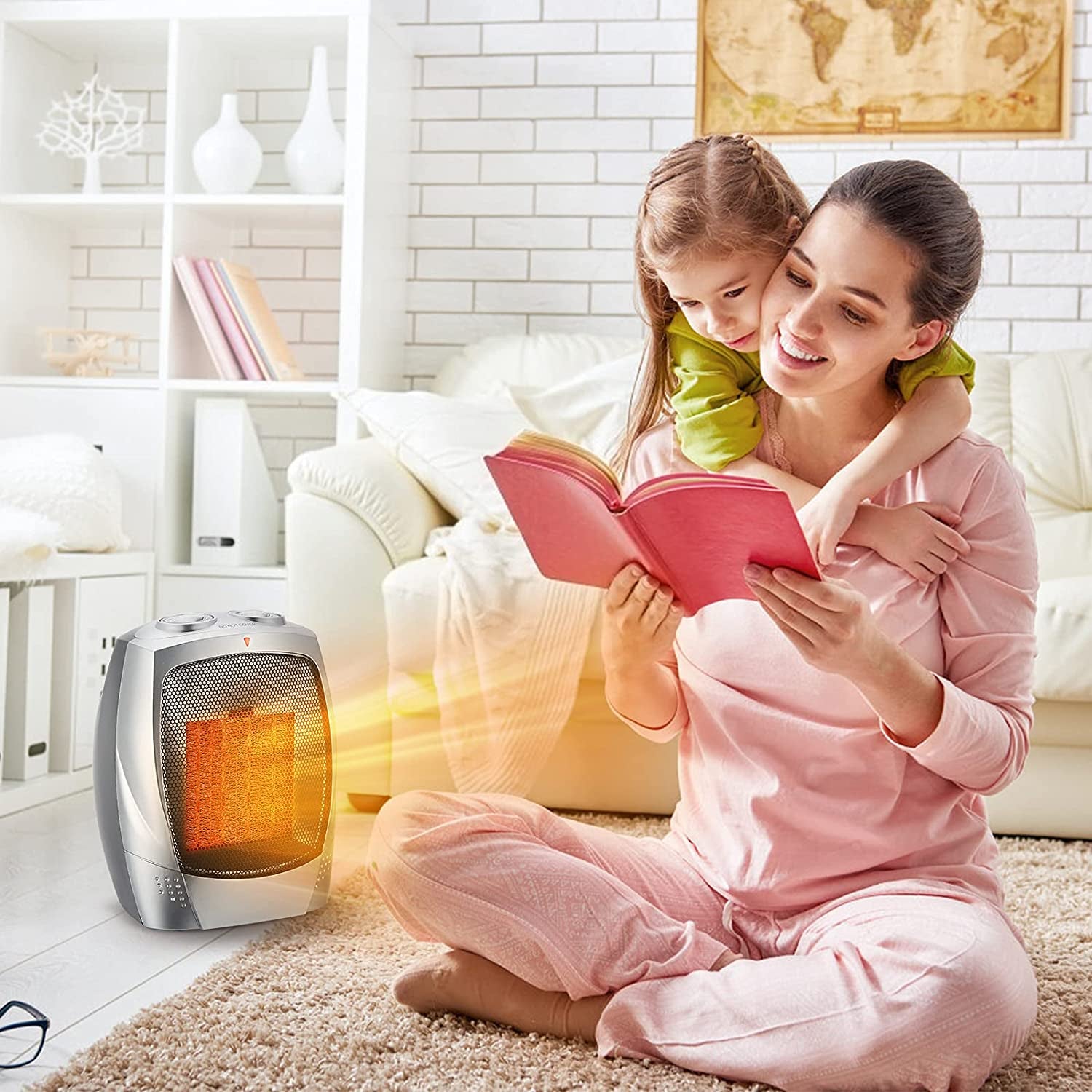 Portable Electric Space Heater - A 1500W/750W Ceramic Heater with Thermostat that can quickly heat up a room of up to 200 sq. ft. It's designed to be safe and quiet, making it ideal for use in offices, homes, on desks, and indoors.