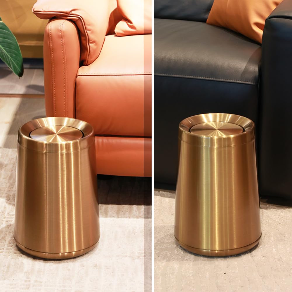 10 L/2.6Gallen,Swing Lid Gold Brass Trash Can- Flipping Lid,  Brushed Stainless Steel Garbage Can, for Bathroom, Kitchen,Living Room,Bedroom,Hotel (Rose Gold)