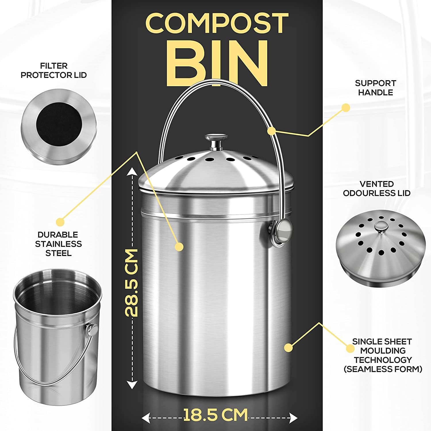  Stainless Steel Kitchen Compost Bin with Lid and Spare Charcoal Filter, 1.3 Gallon Capacity - Silver