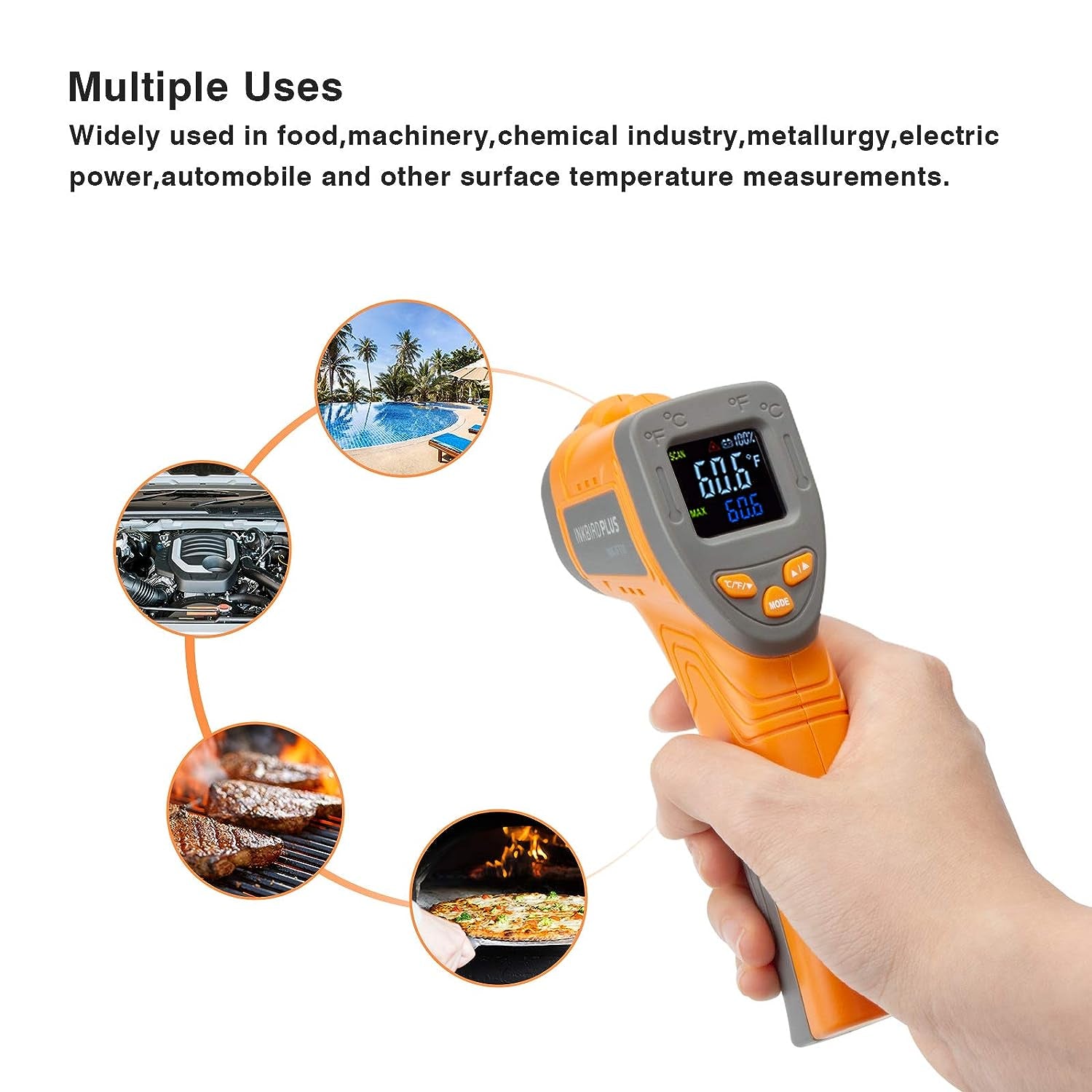 Infrared Thermometer - A Non-Contact Digital Laser Temperature Gun with a wide range of -58℉~1022℉ for instant temperature reading. It's adjustable emissivity makes it suitable for various applications including Cooking, Pizza Oven, Meat, Barbecue Grill