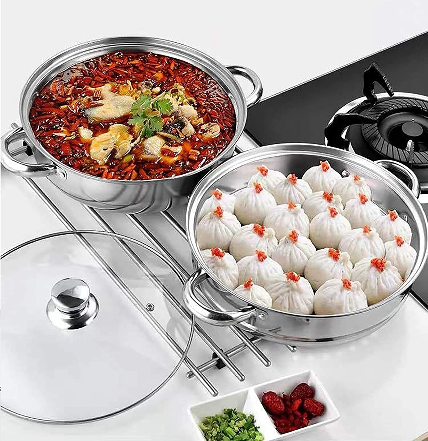Stainless Steel 2-Tier Steamer Pot - 28cm Steamer Pot with Glass Lid for Cooking Vegetables, Dim Sum, and More. Versatile Cookware and Kitchen Tool for Steaming in the Kitchen.