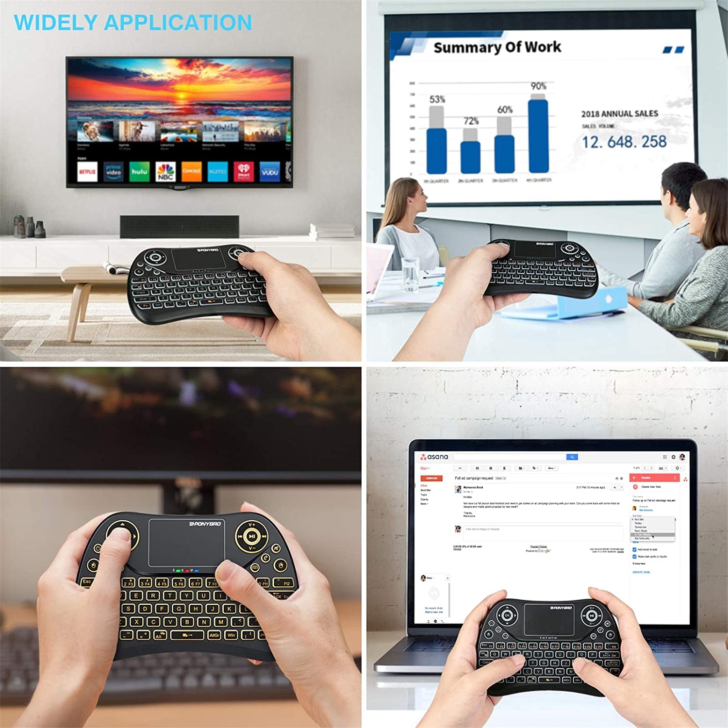 Backlit Mini Wireless Keyboard with Touchpad Mouse Combo. QWERTY Keypad, Rechargeable Handheld Keyboard Remote for Smart TV, Android TV Box, Xbox, Raspberry Pi, PC.