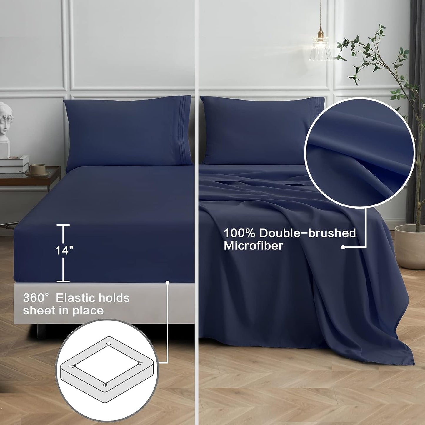 Queen Size Bed Sheets Set - Includes 1 Flat Sheet, 1 Fitted Sheet with a 16-Inch Deep Pocket, and 2 Pillowcases. Made from Super Soft Microfiber with a 1800 Thread Count. These Beddings are Wrinkle-Free and Resistant to Shrinkage. Color: Navy Blue.
