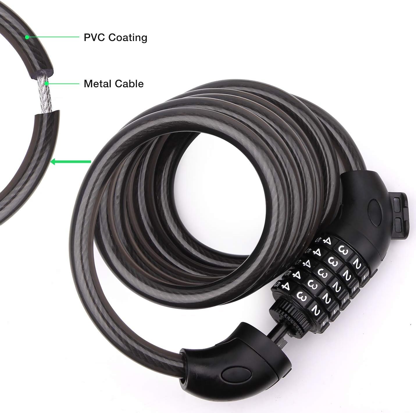 Heavy Duty 5-Digit Combination Cable Chain Lock for Bicycles, Motorcycles, and Scooters - 1.2cm/4ft Long, 0.5"/12mm Diameter, with Mounting Bracket