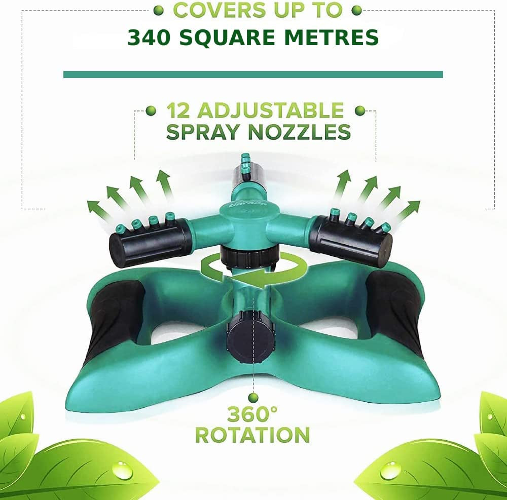 Three Arm Garden Sprinkler with Twelve Built-in Spray Nozzles - Provides 360 Degree Rotation and Covers 3600 Square Feet