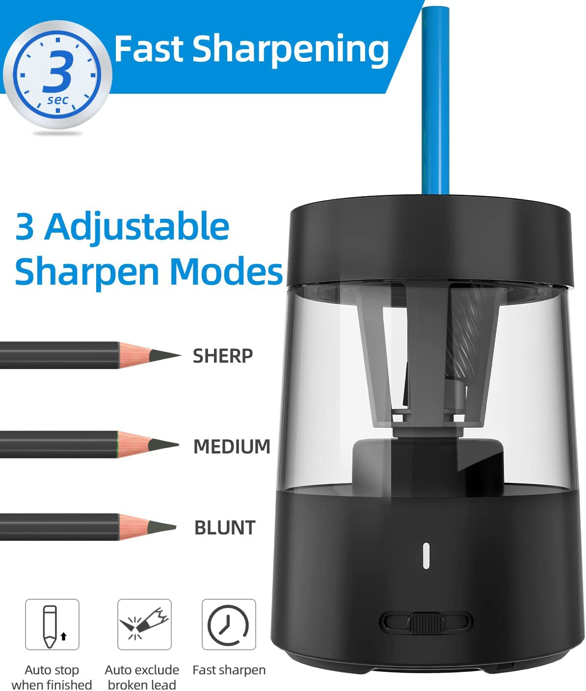 Battery-Powered Electric Pencil Sharpener - Compact and Fast Sharpening, Suitable for No.2/Colored Pencils (6-8mm) - Perfect for School, Classroom, Office, or Home Use in Black.