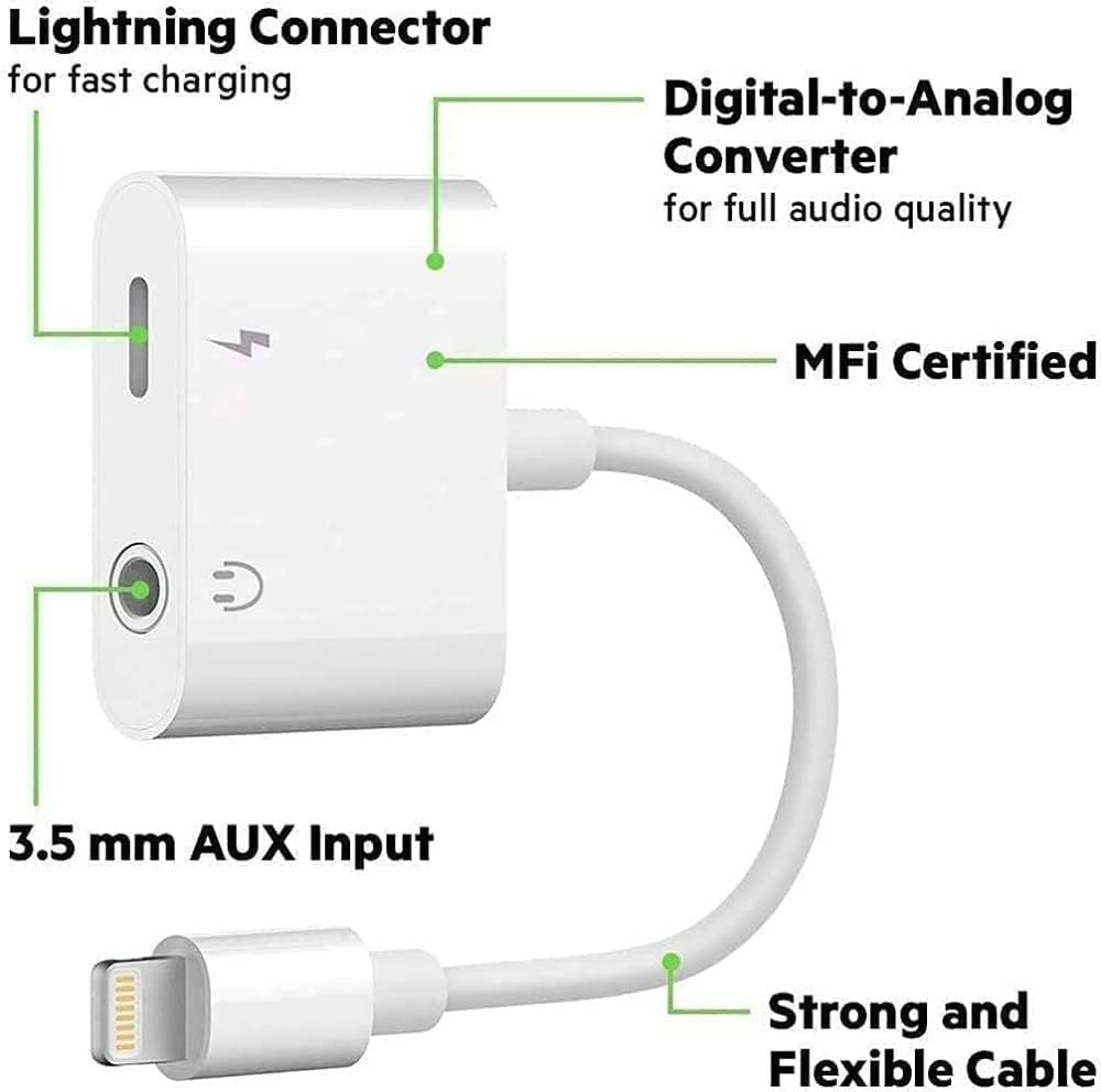 2-in-1 Headphone Jack Adapter for iPhone - Combines a 3.5mm Jack AUX Audio Dongle and Charging Cable Connector, Compatible with iPhone 11, 7, 8 Plus, X, 10, XS, XS Max, XR, and Supports All iOS Systems.