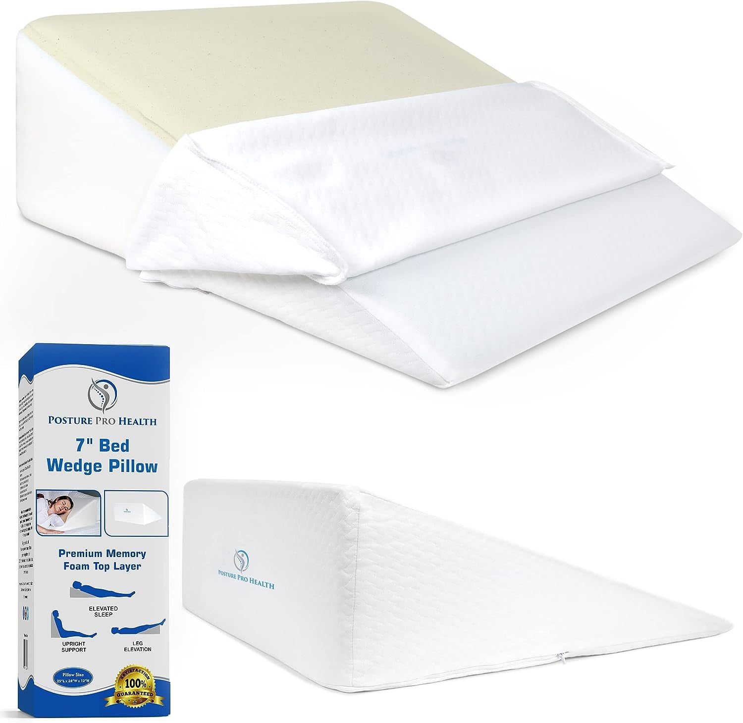 Ergonomic Inclined Bed Wedge Pillow with Memory Foam Top - Sleeping Pillow to Assist with Acid Reflux, Snoring, Back and Neck Pain - Includes Washable Cover - Dimensions: 25" L x 24" W x 7" H