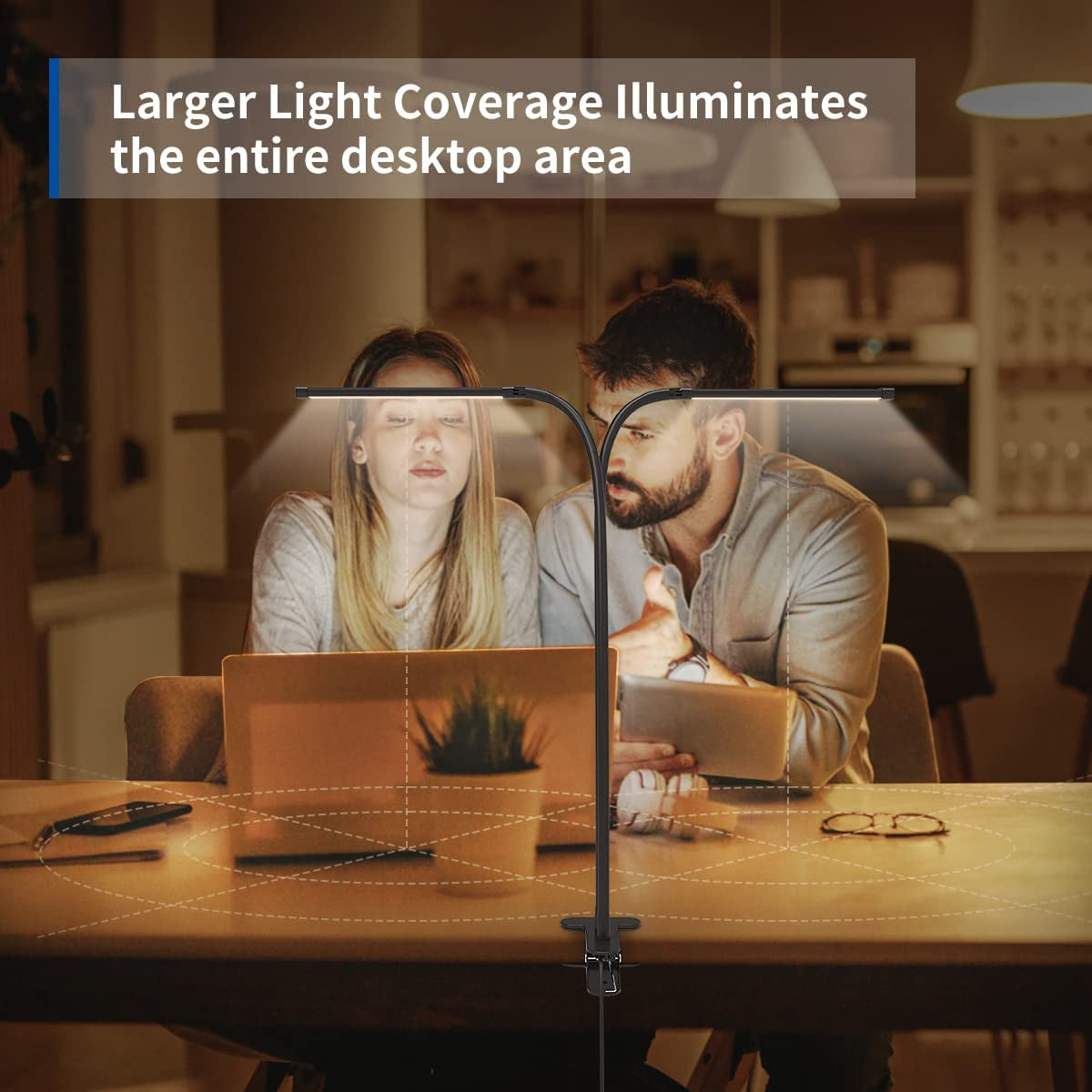 Clamp Desk Lamp with 2 LED Tubes for Home Office, Flexible Gooseneck Reading Light, Clip-on LED Book Light for Bedroom, Table, Headboard, College Dorm, and More - Black