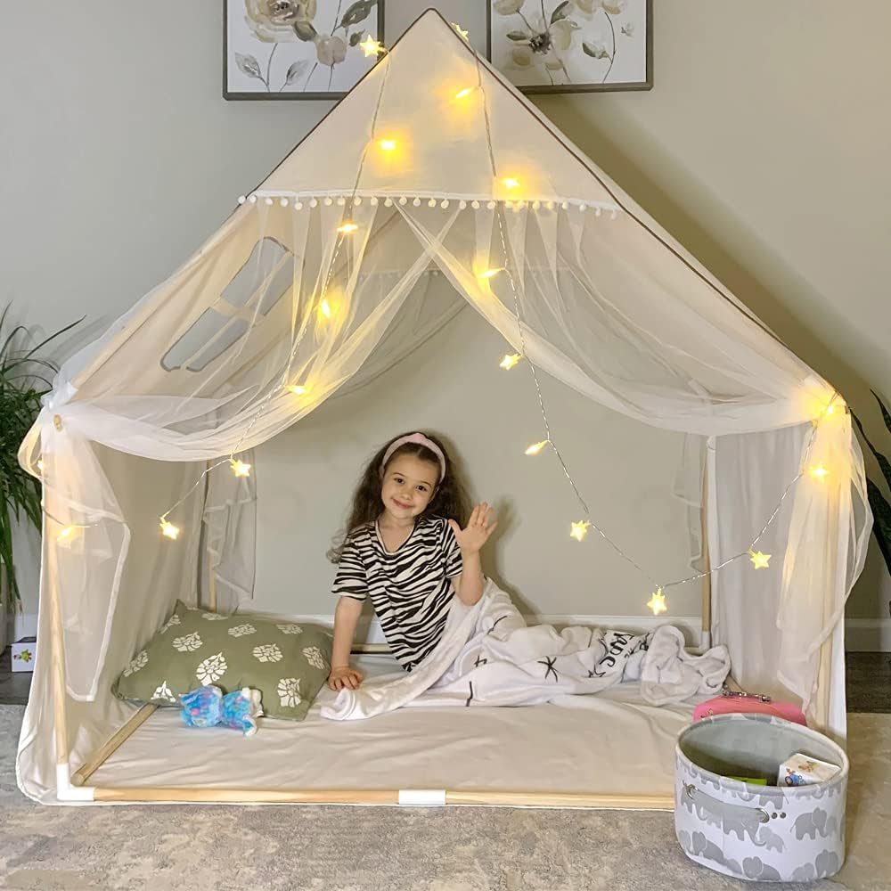 Children's Playhouse Play Tent - Large Lace Pom Design - Made from Natural Canvas - Portable for Indoor and Outdoor Play - Perfect Gift for Boys and Girls to Enjoy Fun Plays