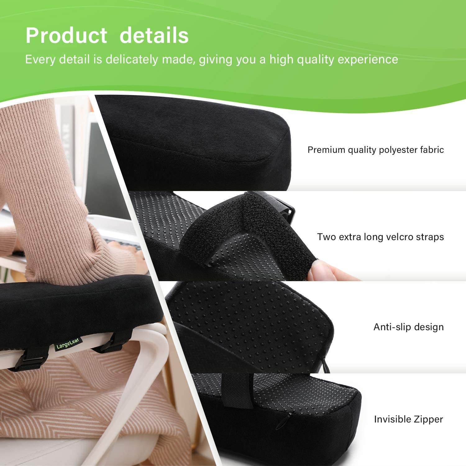 Premium Extra Thick Chair Armrest Cushions - Pressure Relief Elbow Pillow for Office Chair and Gaming Chair - Memory Foam Armrest Pads - 2-Piece Set - Black