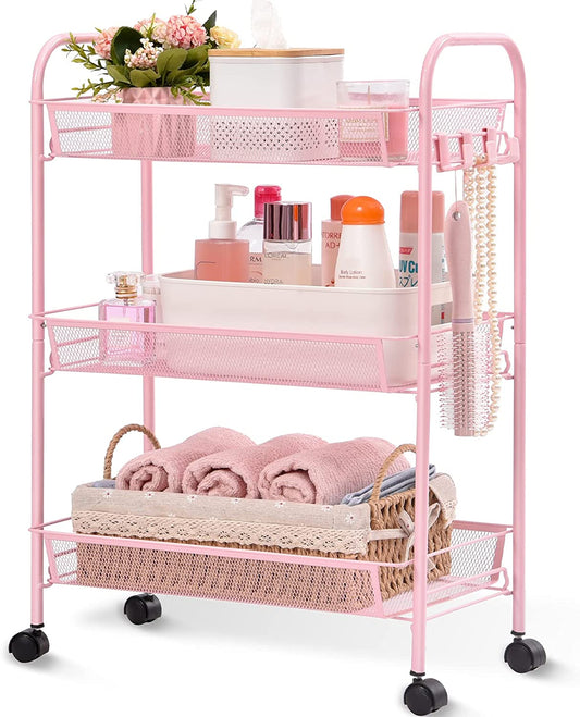 Pink 3-Tier Rolling Cart - Easy-to-Assemble Mobile Storage Trolley with Wheels, Ideal for Kitchen, Bathroom, Laundry Room, and More.