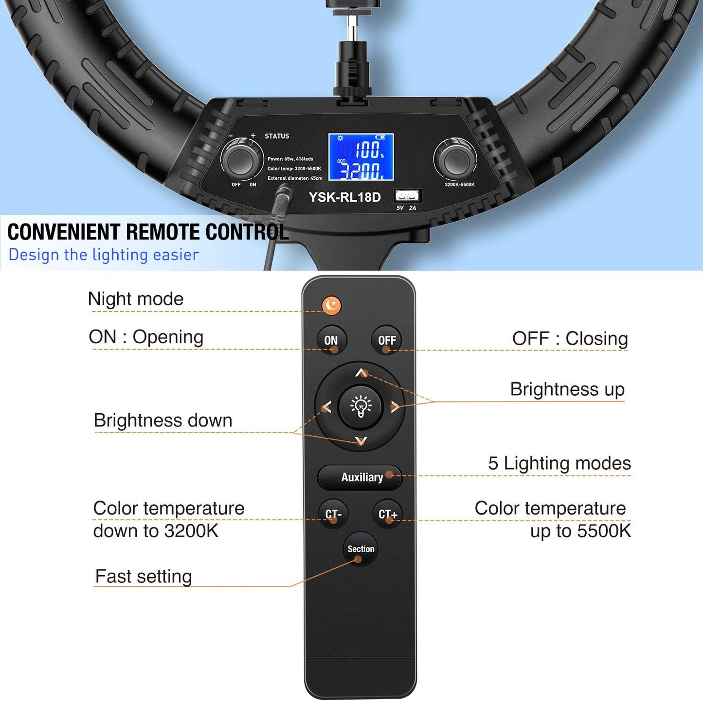 18" Ring Light with Wireless Remote and LCD Screen - Includes Tripod Stand - Features 65W LED Ringlight - Bi-Color Adjustable from 3200K to 5500K  - Ideal for Portrait Photography, Live Streaming, TikTok Videos, Zoom Meetings, and Online Teaching.