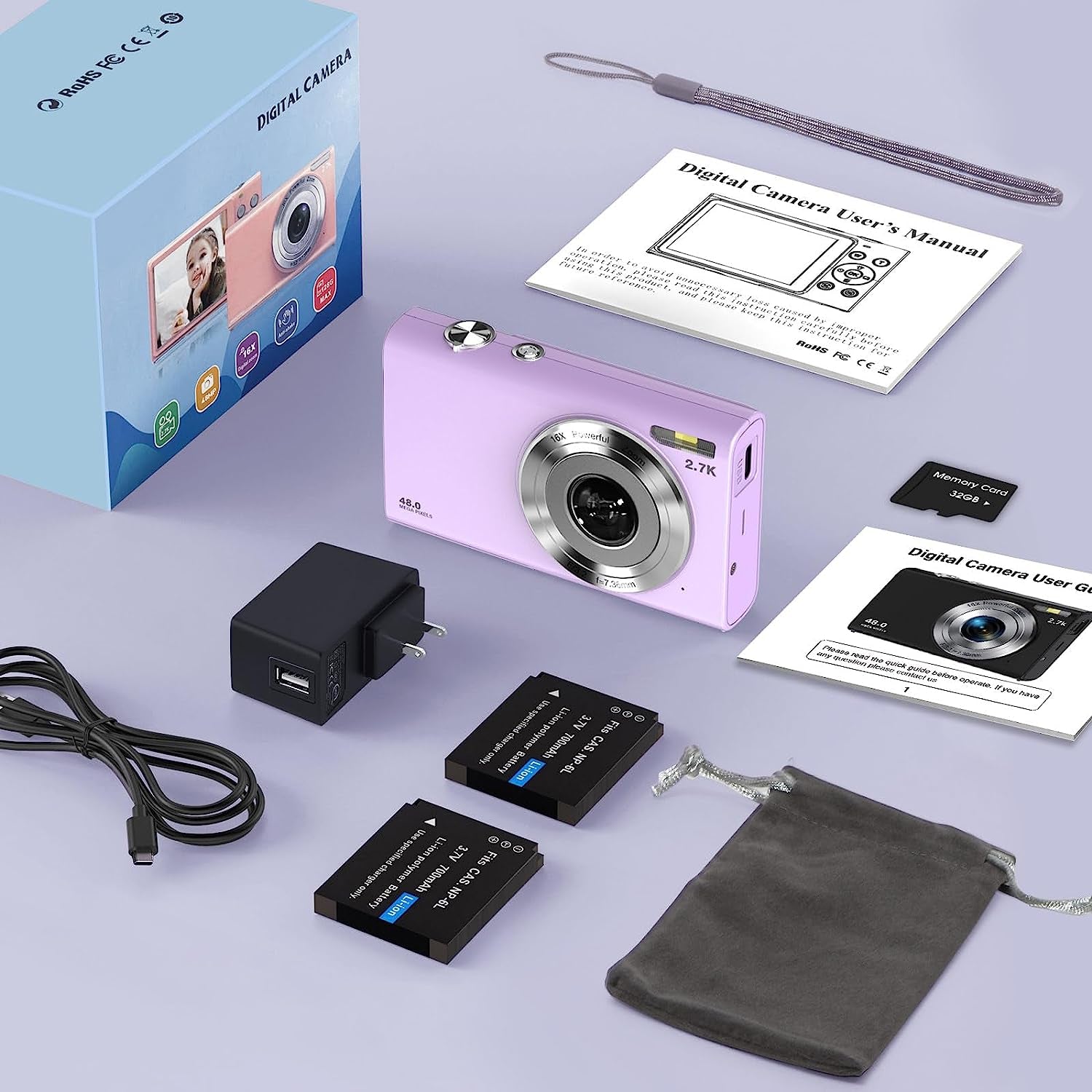 Compact Digital Camera with Auto Focus, 2.7K Vlogging Camera, HD 48MP, 16X Digital Zoom, 32GB Memory Card, 2 Batteries, Portable for YouTube, Ideal for Kids, Teens, Adults, and Beginners