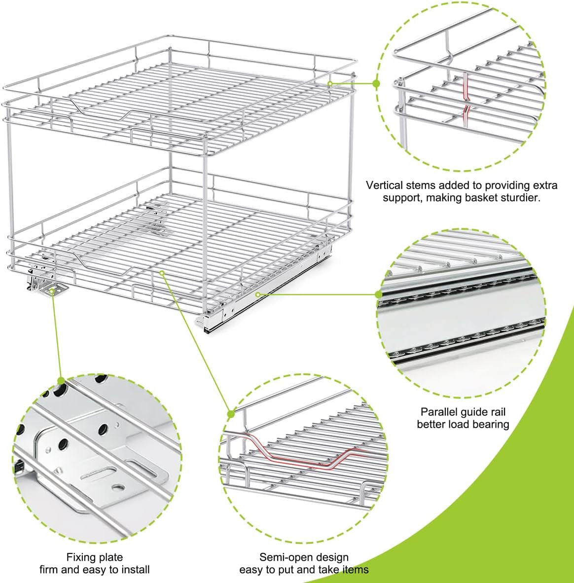 2-Tier Heavy-Duty Pull-Out Cabinet Drawer Organizer - 21''Dx17''W - Designed for Cabinets with a Minimum 18” Opening, Wire Frame with Chrome Finish