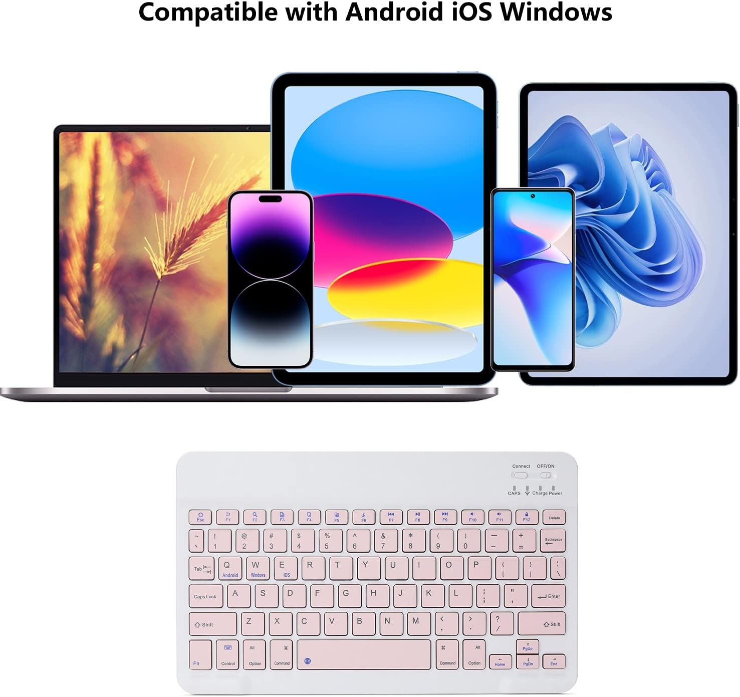 Portable Rechargeable Bluetooth Keyboard - Ultra-Slim Wireless Keyboard for Android, Windows, iOS Devices - Compatible with Samsung Galaxy Tab, iPhone, iPad - Pink