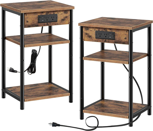 Rustic Brown 2 Pack End Table with Charging Station, 3 Tier Slim Nightstand with Storage Shelf, Narrow Side Table with USB Ports & Power Outlets, Steel Frame, Ideal for Living Room and Bedroom