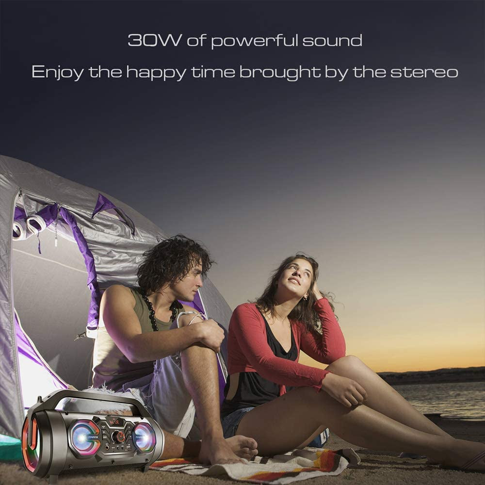 Bluetooth Speakers: 30W Portable Outdoor Boombox with Subwoofer, Colorful Lights, EQ, Stereo Sound, and Booming Bass. Enjoy 10H Playtime with this Wireless Speaker for Home Party, Camping, and Travel.