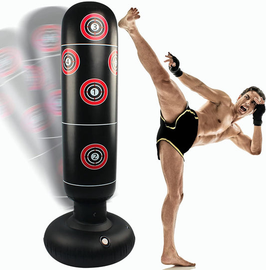 Freestanding Punching Bag for All Ages - 63" Inflatable Kickboxing Bag with Stand for MMA, Muay Thai, and Fitness Training - Suitable for Adults and Kids - Durable and Stylish Black Design