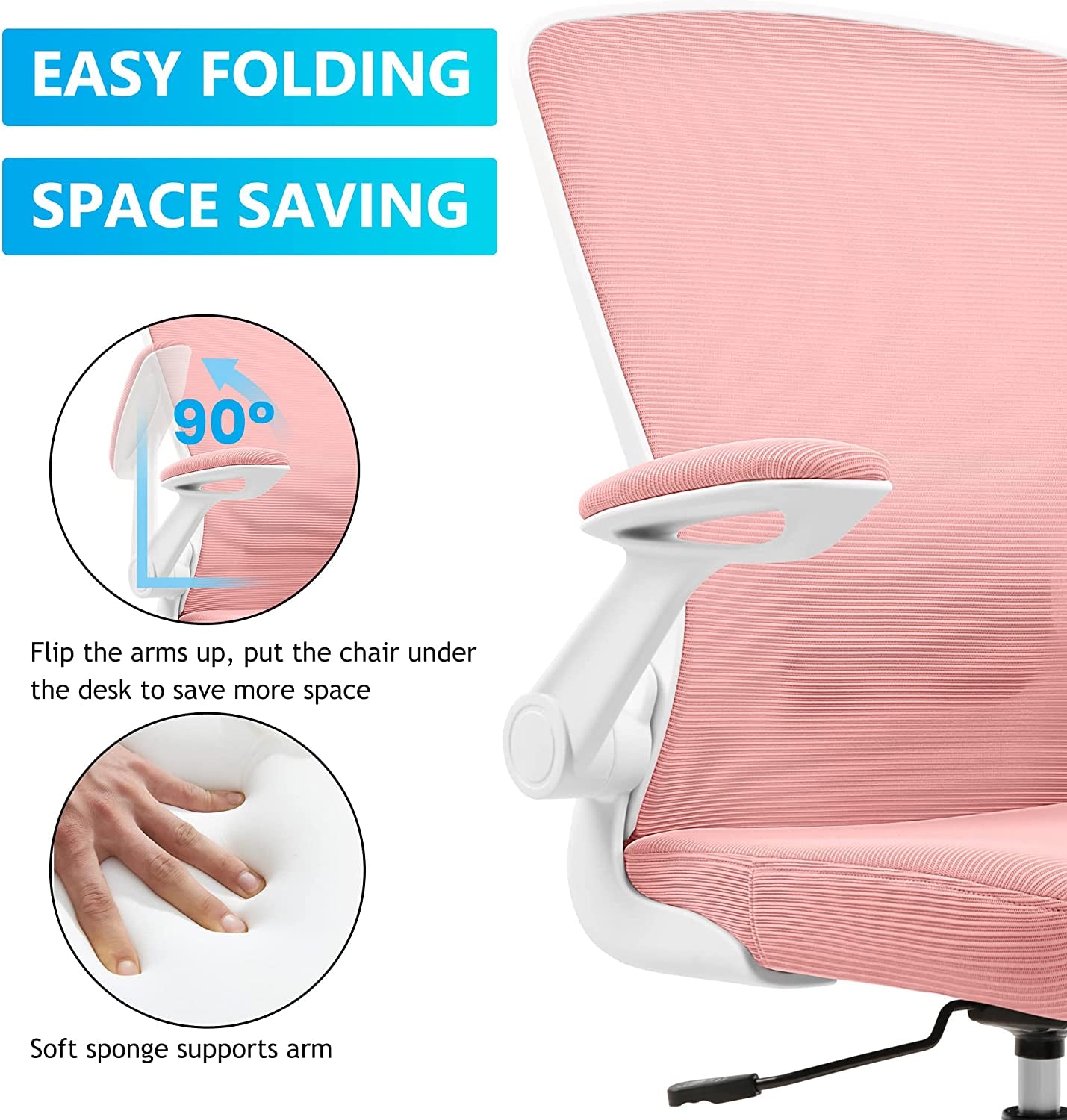 Breathable Mesh Ergonomic Office Chair - Lumbar Support Computer Chair with Wheels and Flip-up Arms, Swivel Task Chair, Adjustable Height Home Gaming Chair (Pink)