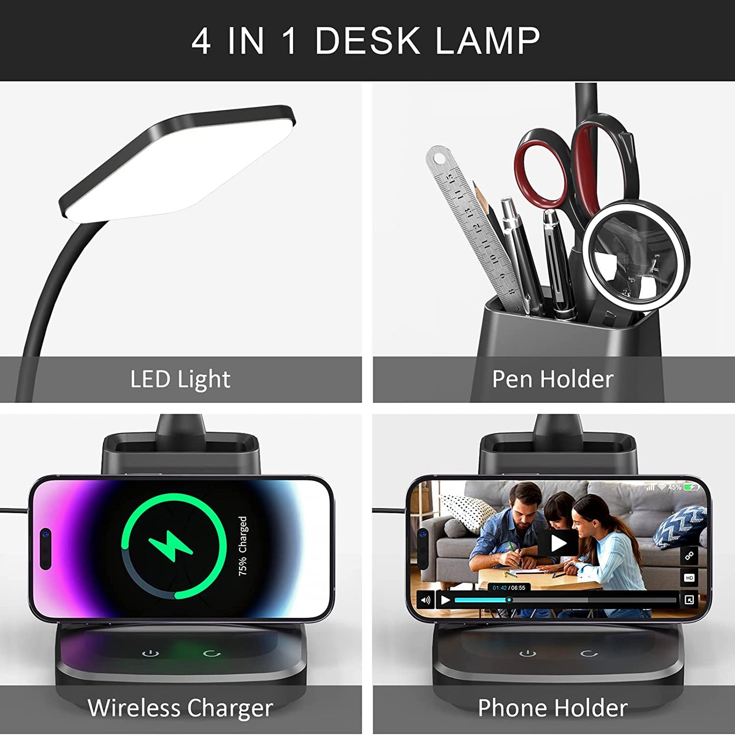 Versatile LED Desk Lamp with Wireless Charger: Perfect for Home Office with 800 Lumens of Illumination. This Small Desk Lamp features a Pen Holder, Flexible Arm, 3 Modes, Dimming Capability, and Touch Control 