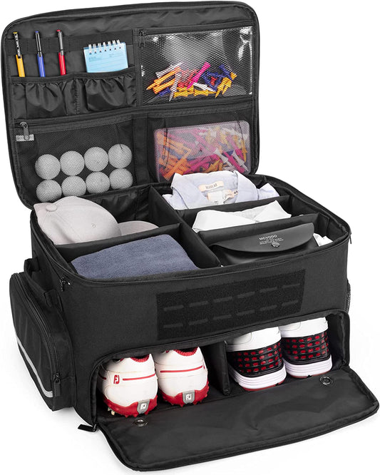 Golf Trunk Organizer with Dedicated Shoe Compartment (Fits US Men's 16), Golf Car Locker Storage for Balls, Tees, Clothing, Gloves, and Accessories
