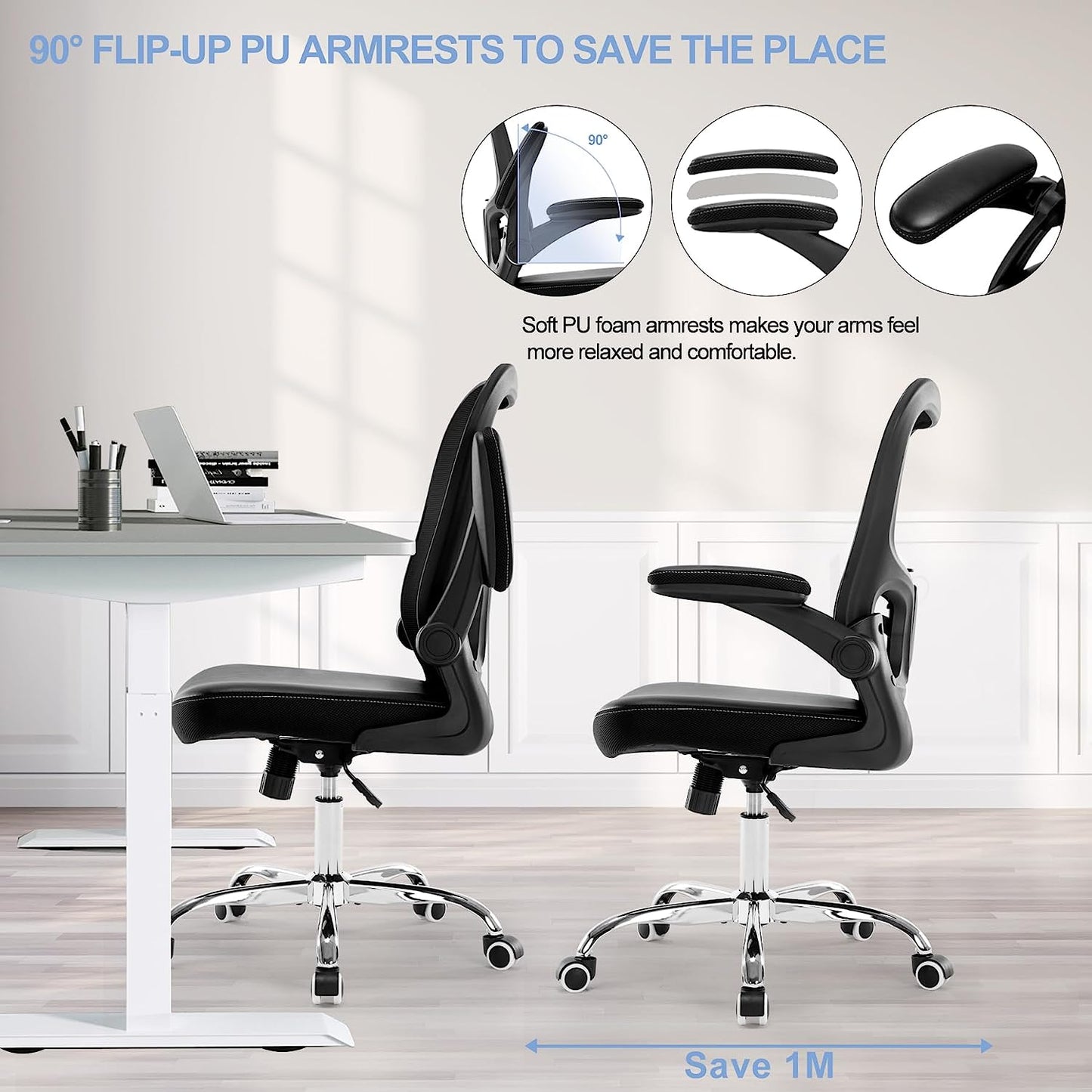 Ergonomic Office Chair - Mesh Mid-Back Design - Features Flip-Up Armrests - Adjustable Height - Equipped with PU Cushion - Suitable for Home and Computer Use - Color: Black.