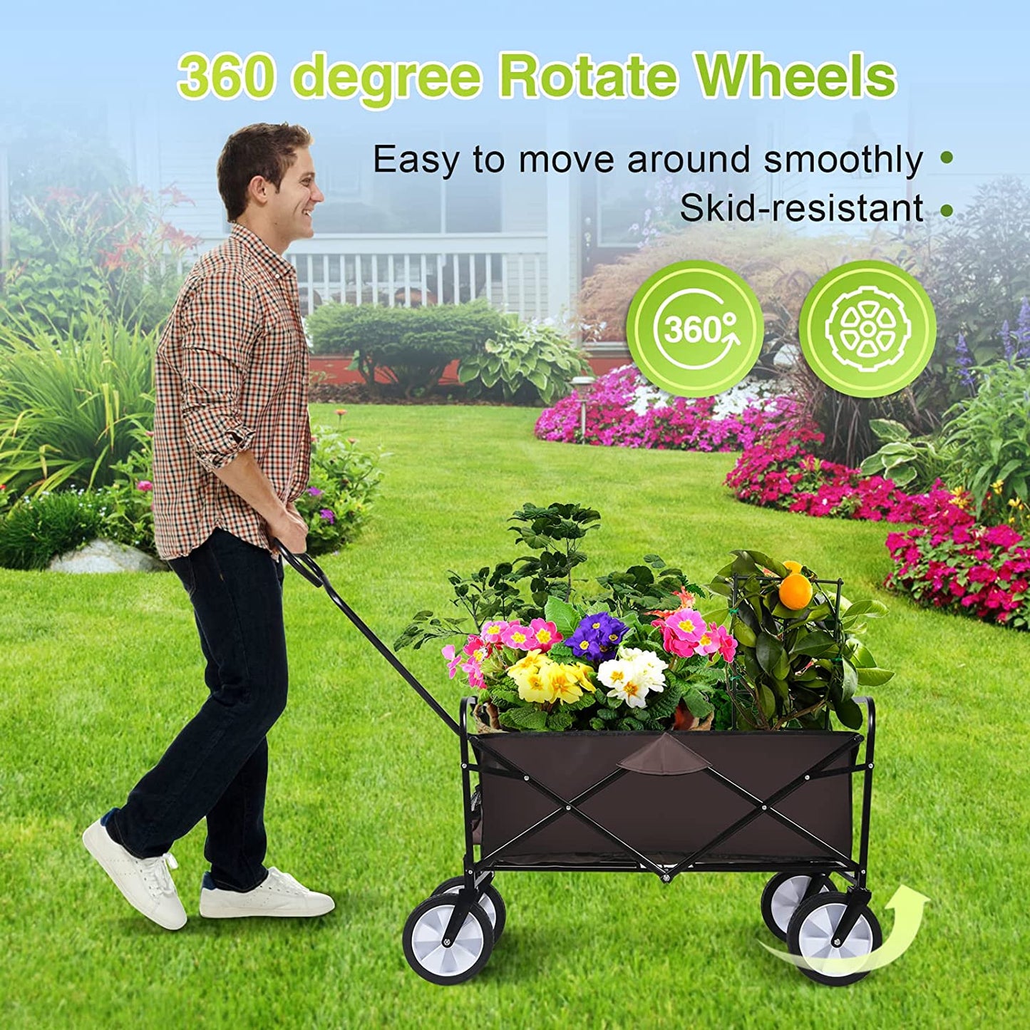 Wagon Rolling Collapsible 360 Degree Swivel Wheels -Garden Cart Camping Wagon, Adjustable Handle, 220lbs Weight Capacity -Brown